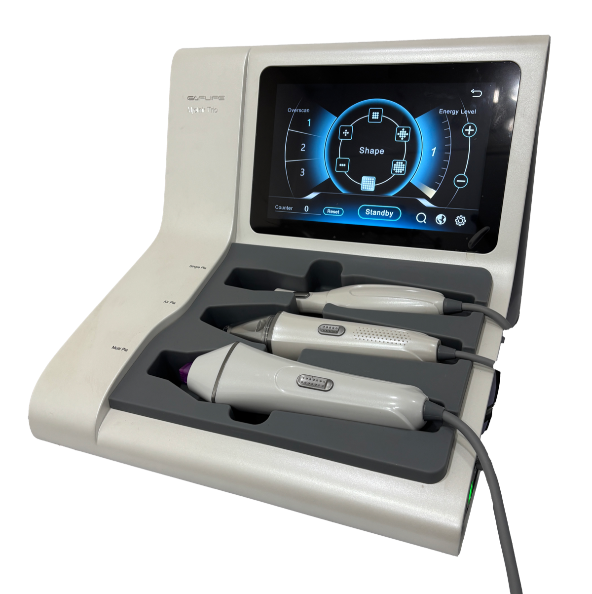 EuroPlasma — console com display e três aplicadores: Single Pla, Multi Pla e Air Pla